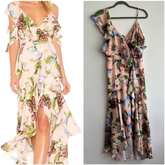 o.p.t Dresses & Skirts - O.P.T. Pink Floral V-neck Off Shoulder Ruffle Dress Size S-M Pink